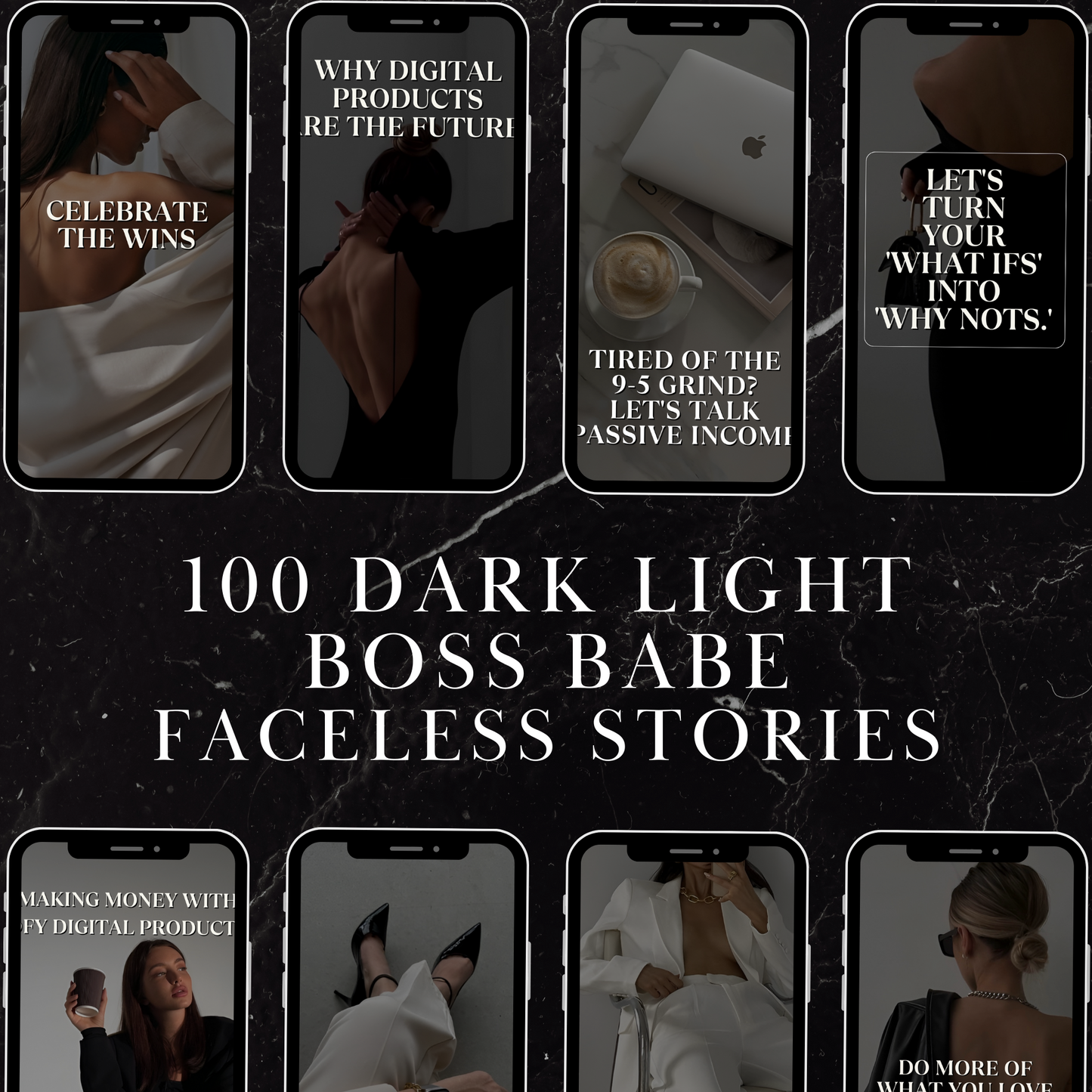 400 Dark Aesthetic Faceless Videos, 100 Boss babe Stories & Bonus Social Media Planner